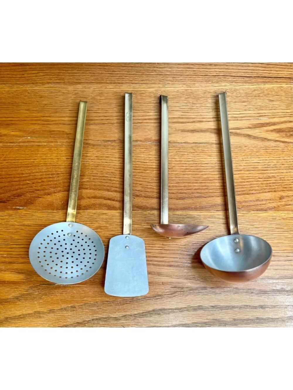 Vintage Copper & Brass Kitchen Utensils - Set Of 4 - Skimmer ,Spatula ,Small Lad